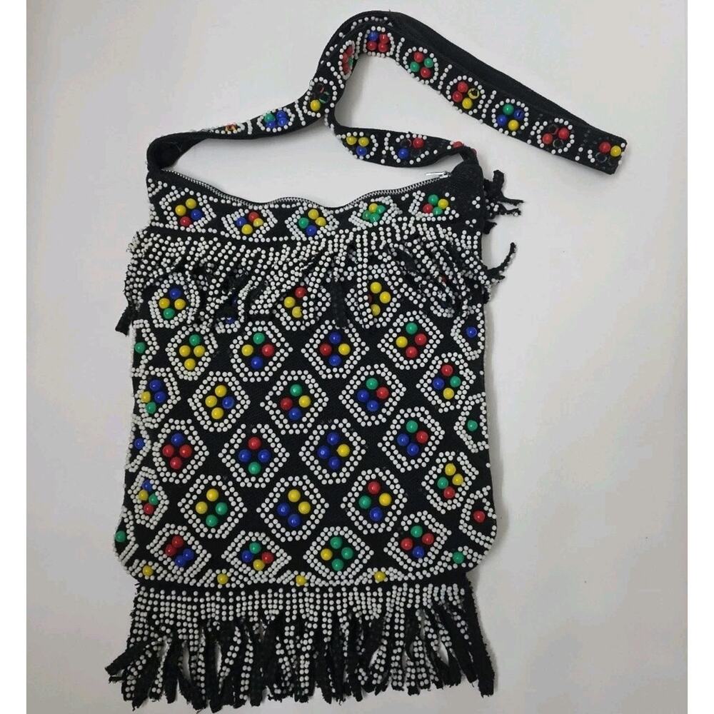 Vintage Beaded Candy Dot Purse Shoulder Bag Fringe Zipper Black Hippie Boho - Picture 6 of 12